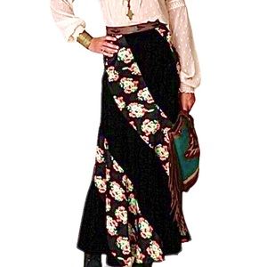 Free People Womens Twisted Velvet Black Floral Maxi Skirt Flared Hem Size 2 Boho
